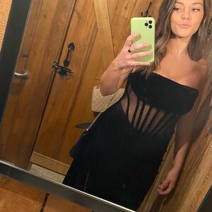 Elegant Black Velvet Strapless High Slit Dress